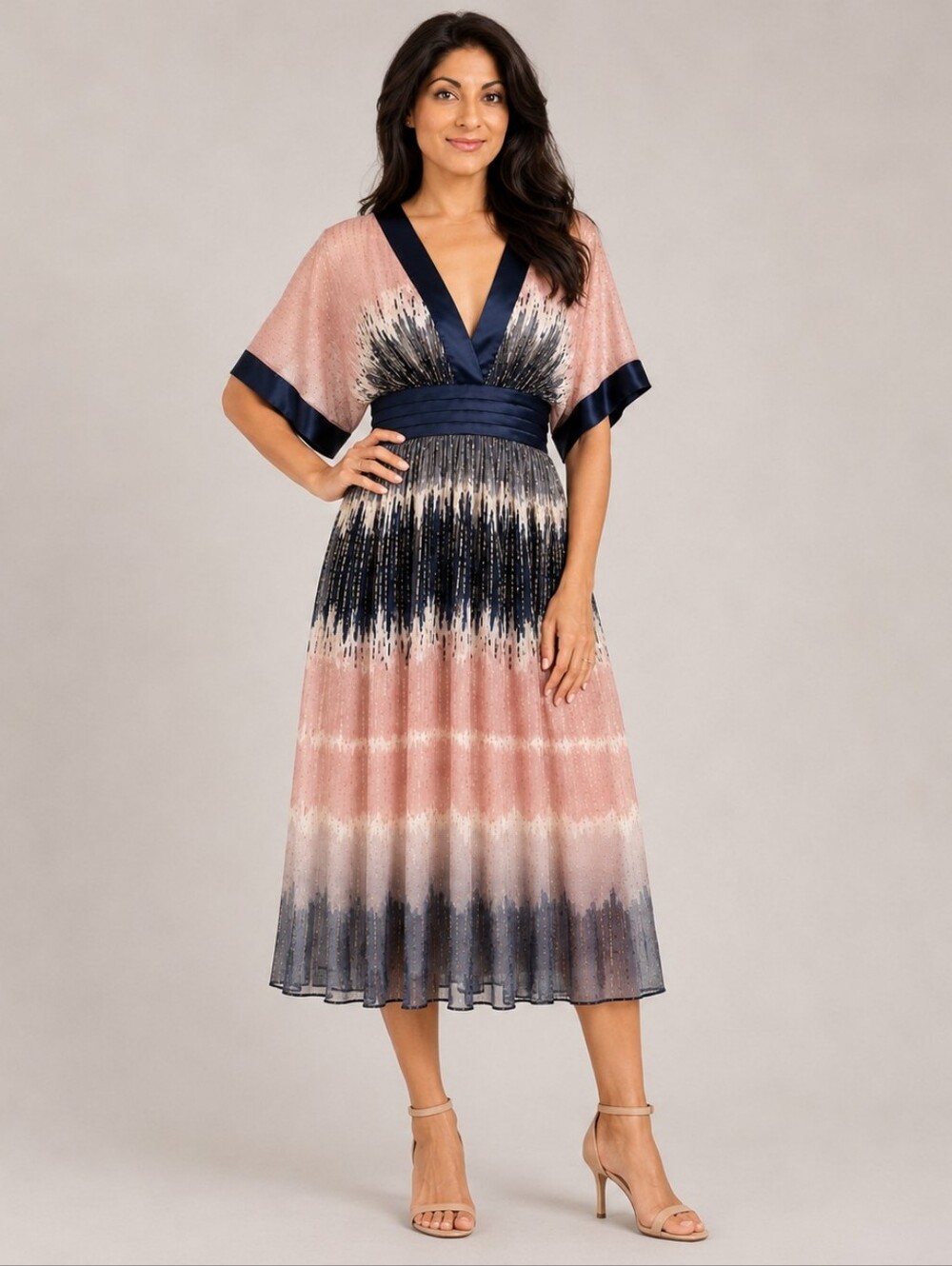 BCBGMaxazria | Shimmer Silk Chiffon Cape Kimono Dress ~ Pink Navy Gold Ombre